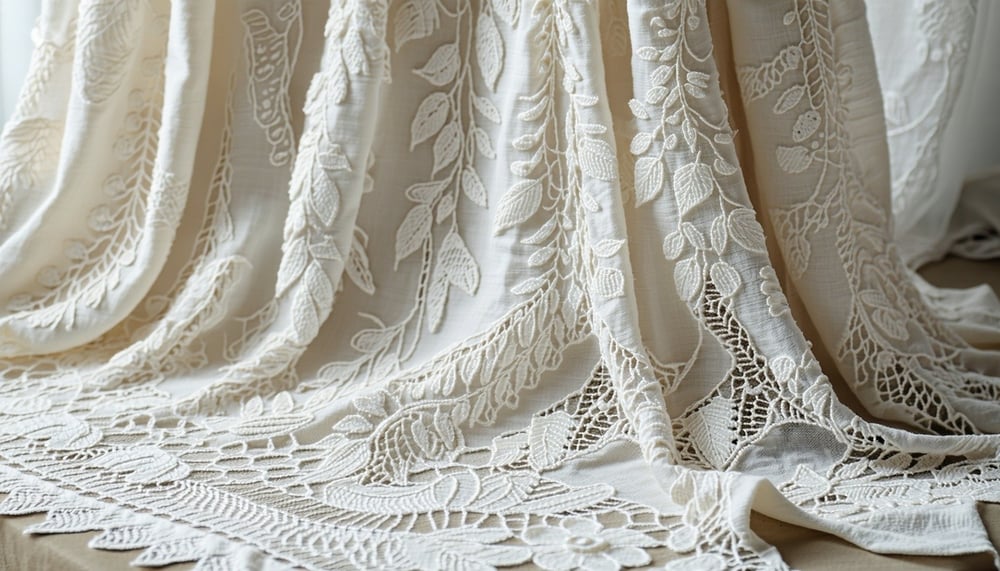 Close-up of intricate lace embroidery showcasing detailed craftsmanship