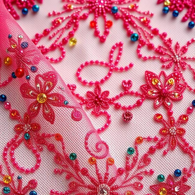 colorful emrboidery lace fabric with beads
